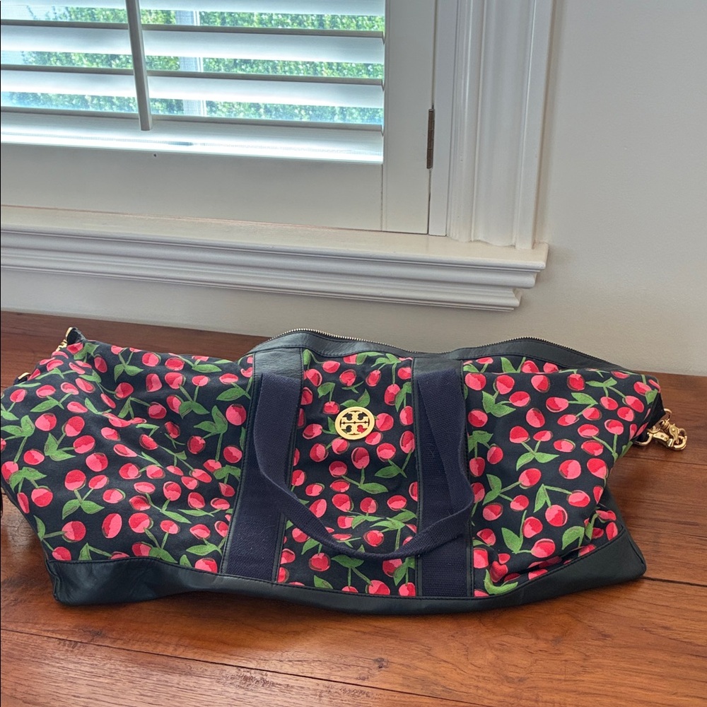 Tory Burch Navy Canvas Weekender with Red Cherry Print